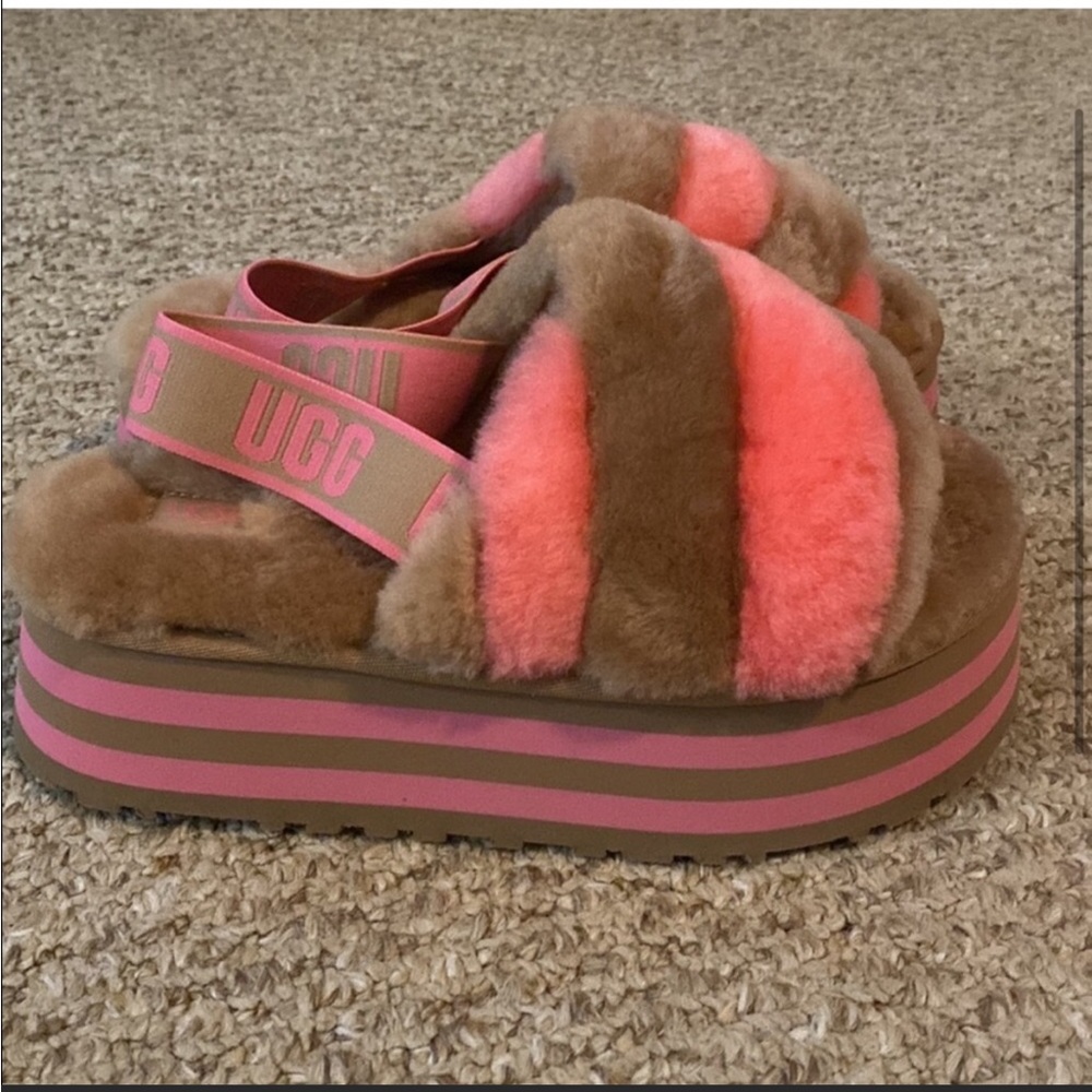 SOLD Ugg disco platforms fuzzy sandals slippers slides